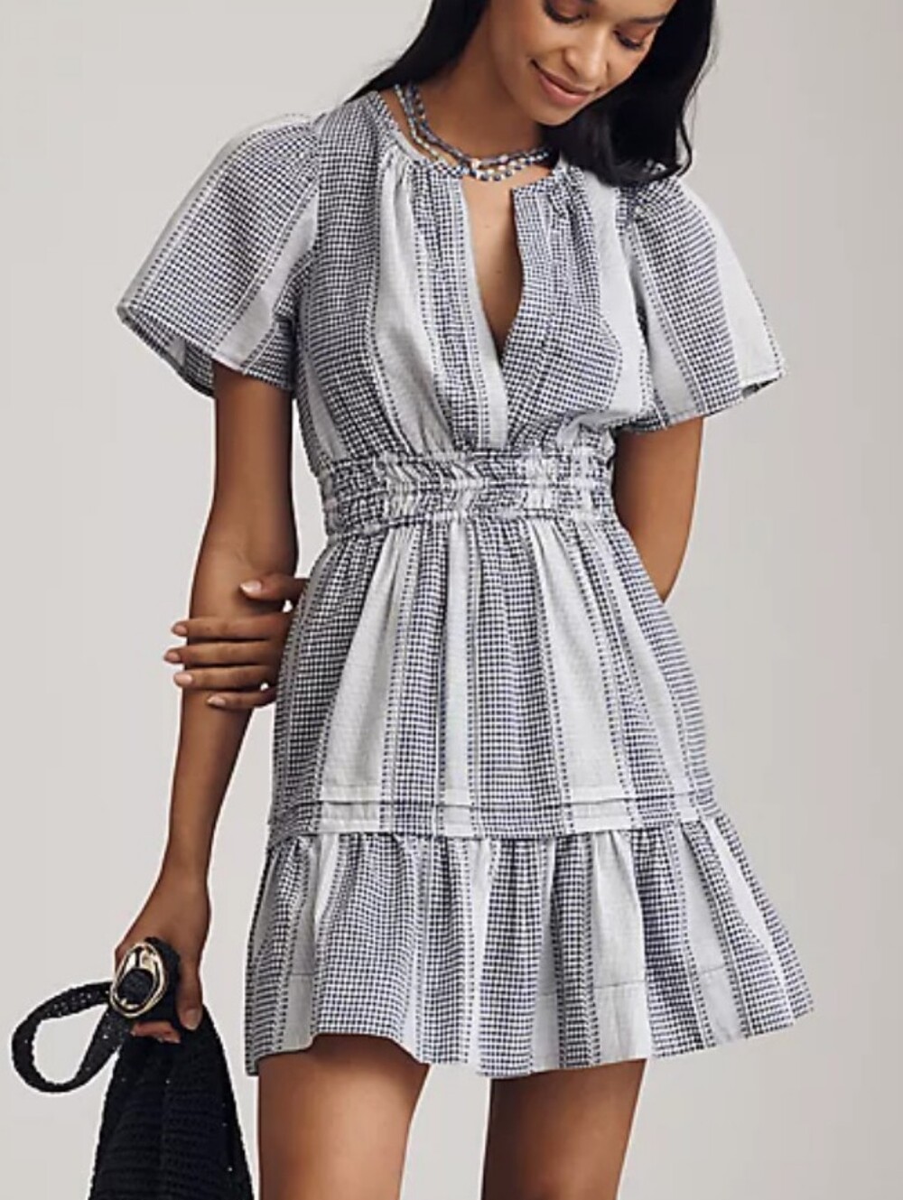 Anthropologie Navy and White Checked Smocked Waist Mini Dress